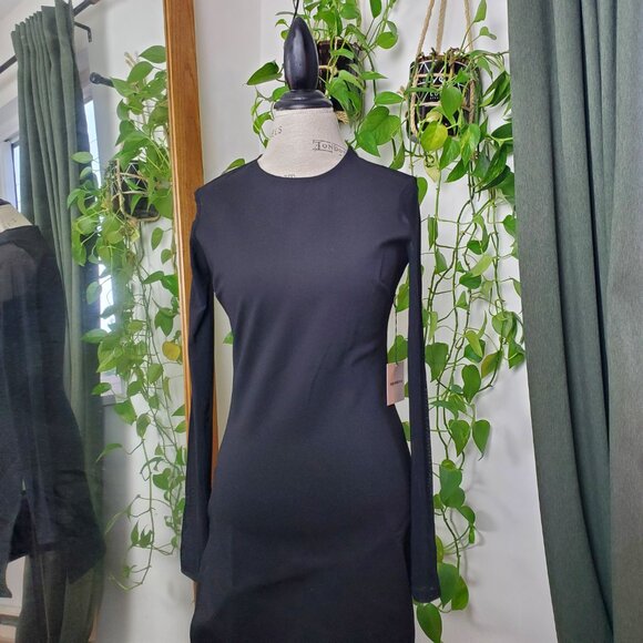 SUPERDOWN | Bodycon Nia Side Slit Mesh Long Sleeves Black Mini Dress (Size L) - Picture 2 of 11